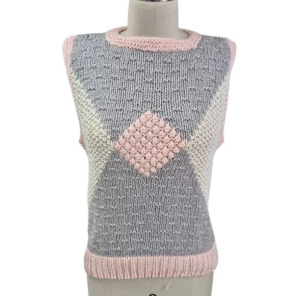 Vtg 80s 90s Selection Hand Knitted Silk/Acrylic Sweater Vest Pink/White/Gray L - Picture 1 of 5